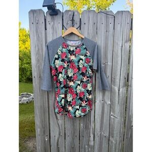 LuLaRoe Randy Womens Medium Floral Tropical Raglan 3/4 Sleeve Baseball Tee Gray
